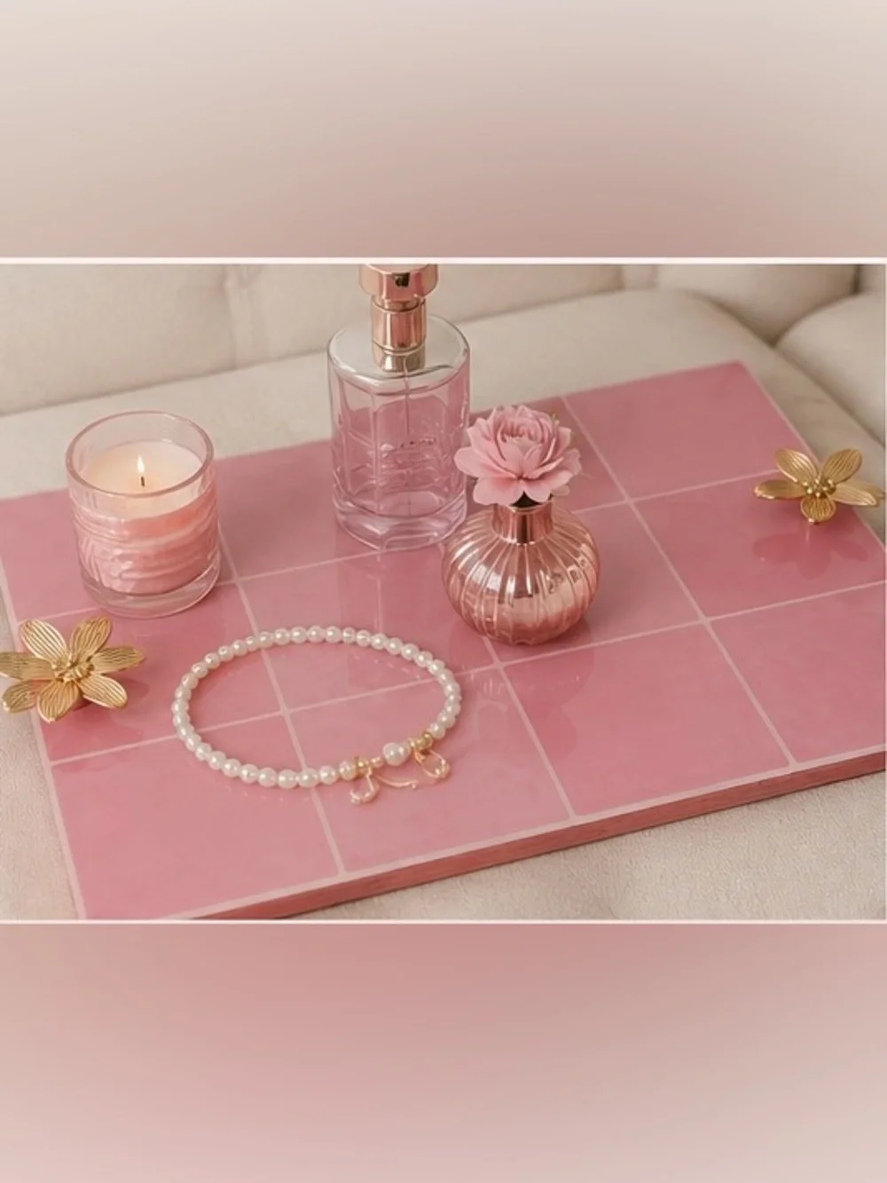 Pink Faux Tile Decorative Vanity Tray 16x12 Gold Flower Handles